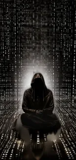 Hooded figure in digital matrix art wallpaper