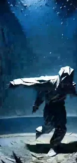 Hooded figure in dynamic pose with atmospheric lighting.