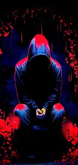 Hooded figure artwork with red and blue colors, mysterious and dramatic.