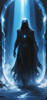 Mysterious hooded figure in blue light with a magical aura.