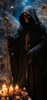 Hooded skeletal figure holding a staff among candles.