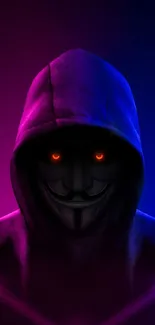 Mysterious hooded figure with glowing eyes in purple neon hues.