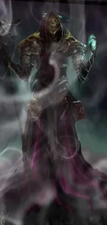 Hooded figure with mystical smoke in dark fantasy setting.