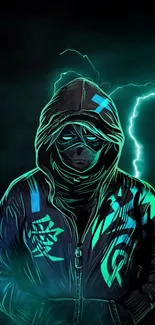 Mysterious hooded figure with teal glow and electric background.