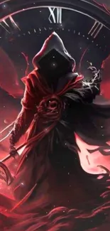 Hooded figure with clock in red fantasy wallpaper.