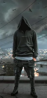 Hooded figure stands against urban night skyline.