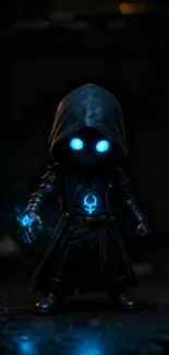 Dark hooded figure with glowing blue lights wallpaper.