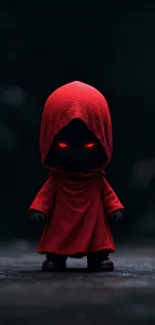 Hooded shadowy figure with glowing red eyes in dark setting.