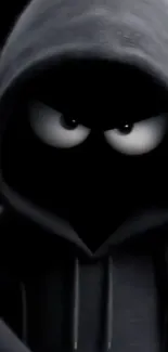 Dark hooded cartoon character with intense eyes.