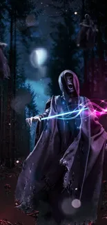 Eerie hooded figure with colorful magic in a dark forest mobile wallpaper.