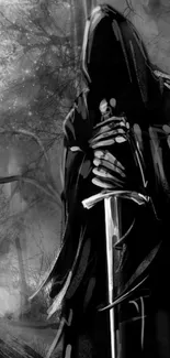 Hooded figure with sword in dark, atmospheric setting.