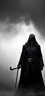 Hooded figure in foggy darkness with mysterious aura.