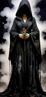 Hooded figure holding a red rose, shrouded in mystery.