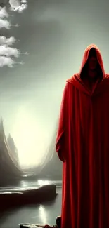 A mysterious hooded figure in a crimson red cloak within a dramatic landscape.