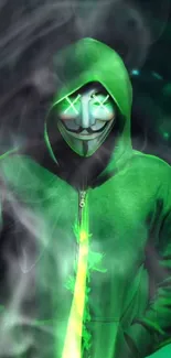 Mysterious hooded figure with neon green glow on mobile wallpaper.