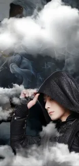 Hooded figure in dark clouds wallpaper.