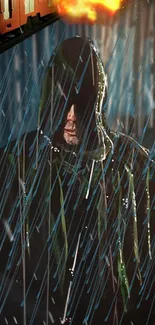 Hooded figure in rain with dramatic lighting.