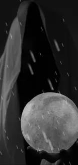 Hooded figure with glowing orb in grayscale.