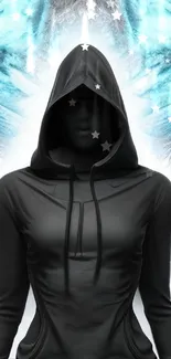 Hooded figure with a mystical and abstract background.