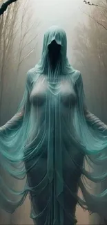 Mysterious hooded figure in forest with turquoise shroud, invoking ethereal atmosphere.