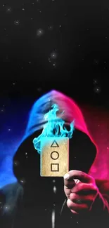 Hooded figure with golden card and blue-red smoke background.