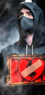 Hooded figure with bandaged heart art design on smoky background.