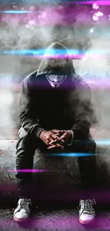 Hooded figure in mask with smoky background, mysterious atmosphere.