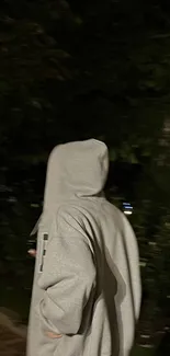 Person in gray hoodie walking at night with dark greenery around.