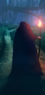 Hooded figure with torch in a dark forest path.