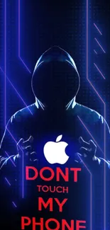 Hooded figure with neon lights and bold warning on phone wallpaper.