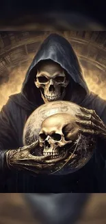 Hooded skeleton holding a skull globe art