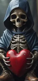 Hooded skeleton holding a heart with dark, mysterious background art.