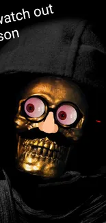 Hooded skull with glowing pink eyes and gold face, set in darkness.