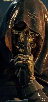 Hooded figure with golden mask creating a mysterious aura.