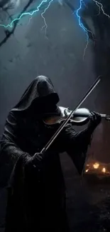 A hooded figure playing violin in dark, lightning-lit woods.