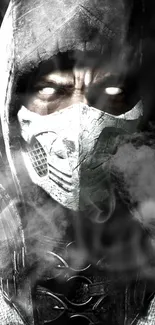 Hooded warrior with mask in grayscale artwork.