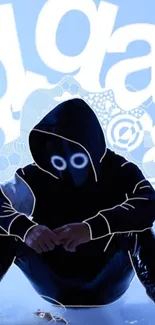 Hooded figure sits against blue background with abstract shapes.