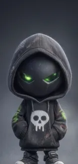 Mysterious hooded figure with glowing green eyes in dark setting.
