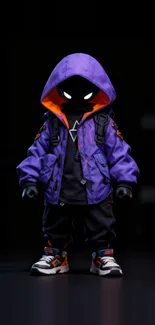 Stylized hooded character in purple and black.