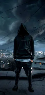 Hooded figure stands against a city skyline in moody, dark atmosphere.