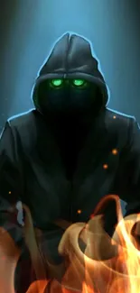 Hooded figure with glowing eyes and flames, dark aesthetic wallpaper.