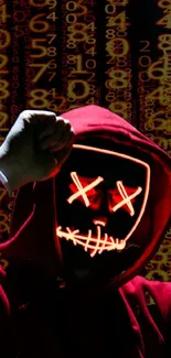 Enigmatic figure in glowing mask with red hoodie and digital number backdrop.