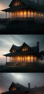 Mysterious house at night with glowing windows in a foggy atmosphere.