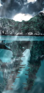 Mysterious island and skull reflection in tranquil teal water.