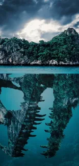 Island reflecting dinosaur skull underwater, stunning view.