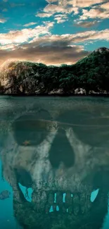 A mysterious island reflecting a skull in tranquil waters with dramatic skies.