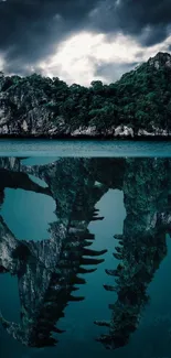 Mysterious island with skull reflection under a cloudy sky on a teal background.