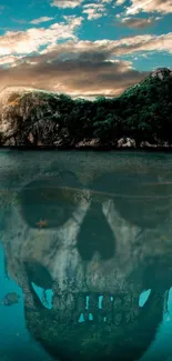 Mysterious island with skull reflection in ocean.