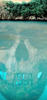 Mysterious island scene with submerged skull, clear blue ocean and sunset sky.