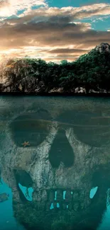 Mysterious island with skull reflection under water.